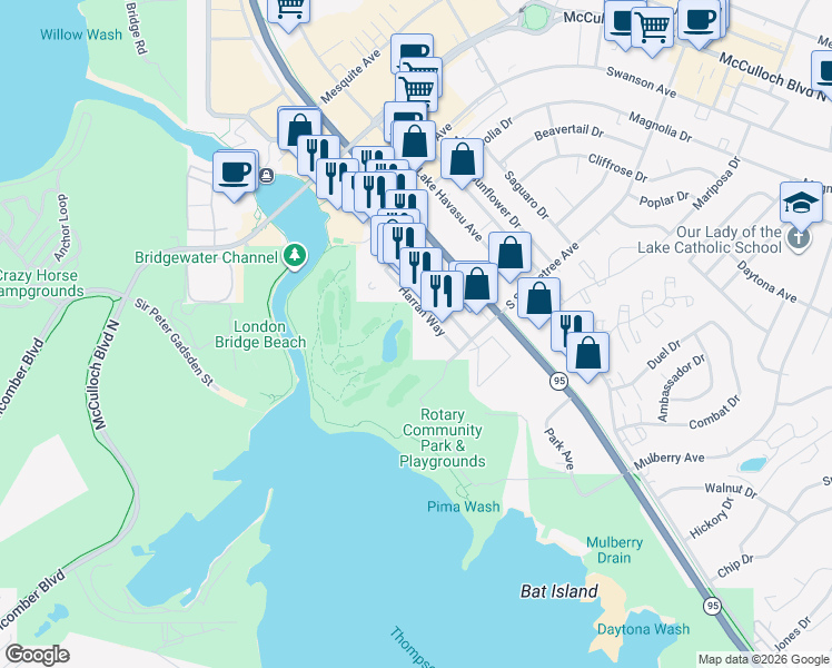 map of restaurants, bars, coffee shops, grocery stores, and more near 1566 Palace Way in Lake Havasu City