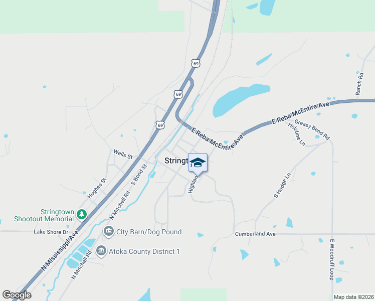 map of restaurants, bars, coffee shops, grocery stores, and more near 205 Mulberry Street in Atoka