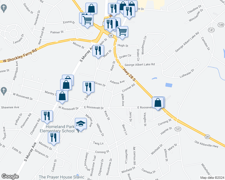 map of restaurants, bars, coffee shops, grocery stores, and more near 122 Rubin Avenue in Anderson