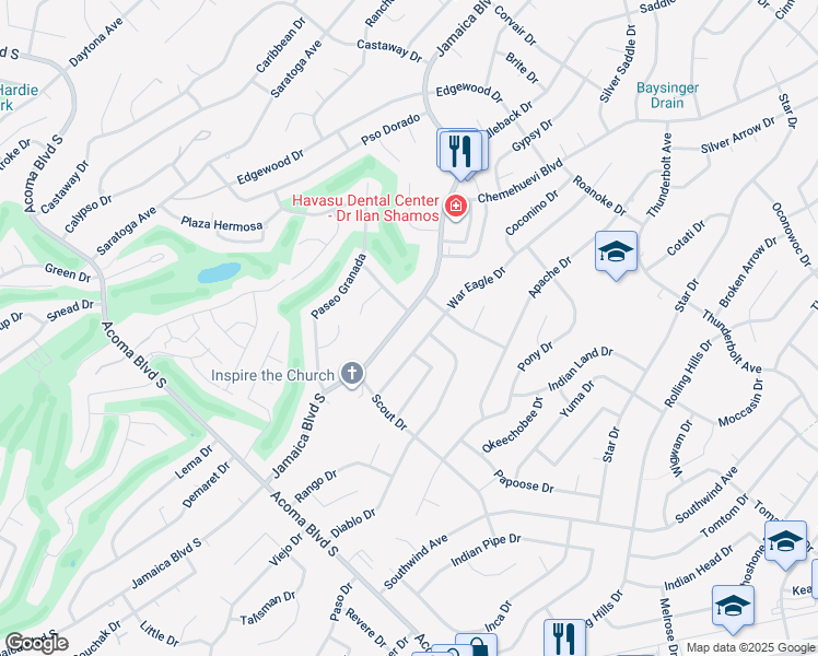 map of restaurants, bars, coffee shops, grocery stores, and more near 2800 South Jamaica Boulevard in Lake Havasu City
