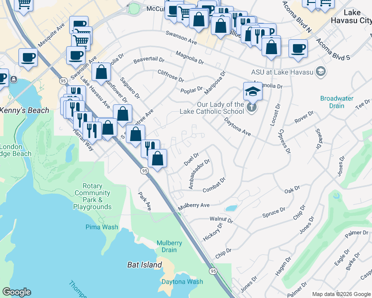 map of restaurants, bars, coffee shops, grocery stores, and more near 1811 Duel Drive in Lake Havasu City