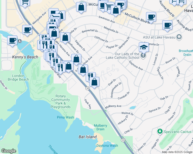 map of restaurants, bars, coffee shops, grocery stores, and more near 1703 Calle Del Oro in Lake Havasu City