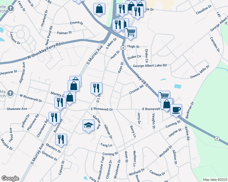 map of restaurants, bars, coffee shops, grocery stores, and more near 3229 Keys Street in Anderson