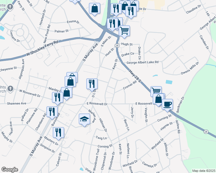 map of restaurants, bars, coffee shops, grocery stores, and more near 3229 Keys Street in Anderson