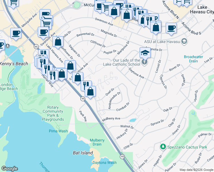 map of restaurants, bars, coffee shops, grocery stores, and more near 1811 Duel Drive in Lake Havasu City