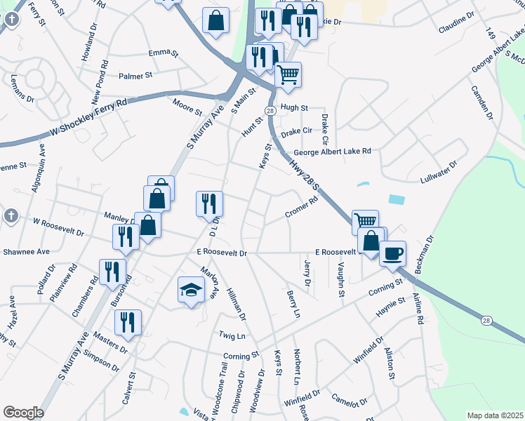 map of restaurants, bars, coffee shops, grocery stores, and more near 122 Rubin Avenue in Anderson