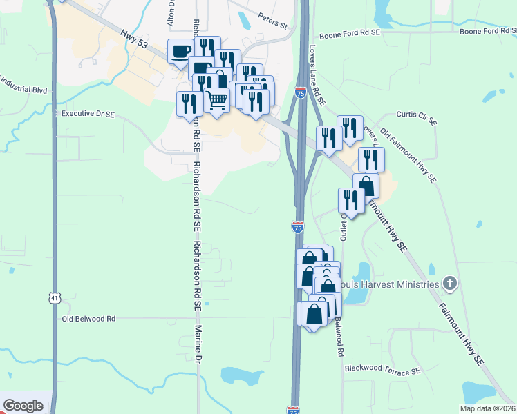 map of restaurants, bars, coffee shops, grocery stores, and more near 220 Porch Loop Southeast in Calhoun