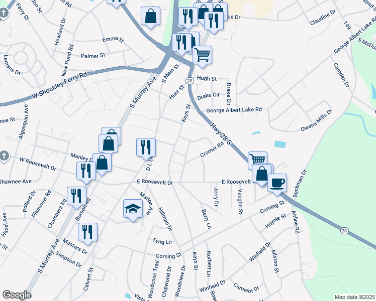 map of restaurants, bars, coffee shops, grocery stores, and more near Rubin Avenue in Homeland Park