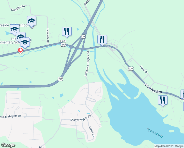 map of restaurants, bars, coffee shops, grocery stores, and more near 197 Catherine Heights Road in Hot Springs