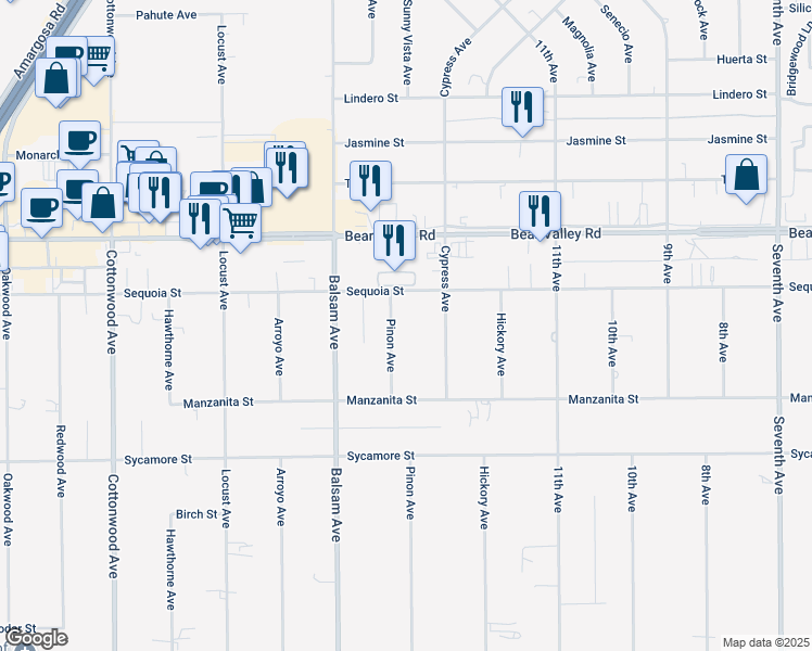 map of restaurants, bars, coffee shops, grocery stores, and more near 11929 Pinon Avenue in Hesperia