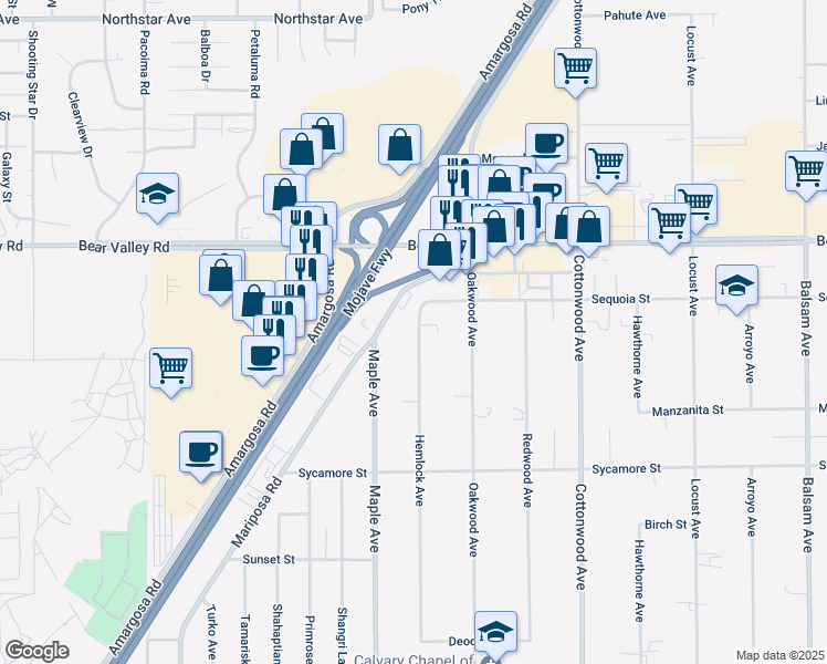 map of restaurants, bars, coffee shops, grocery stores, and more near 11942 Hemlock Avenue in Hesperia