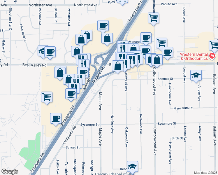 map of restaurants, bars, coffee shops, grocery stores, and more near 11942 Hemlock Avenue in Hesperia