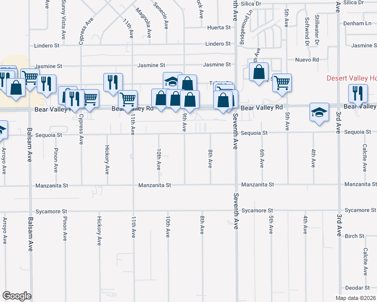 map of restaurants, bars, coffee shops, grocery stores, and more near 11941 9th Avenue in Hesperia