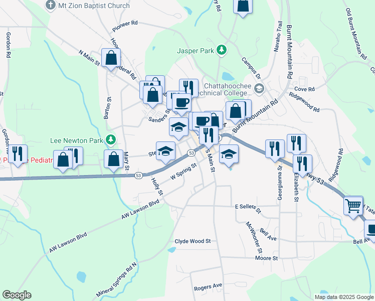 map of restaurants, bars, coffee shops, grocery stores, and more near 68 West Church Street in Jasper