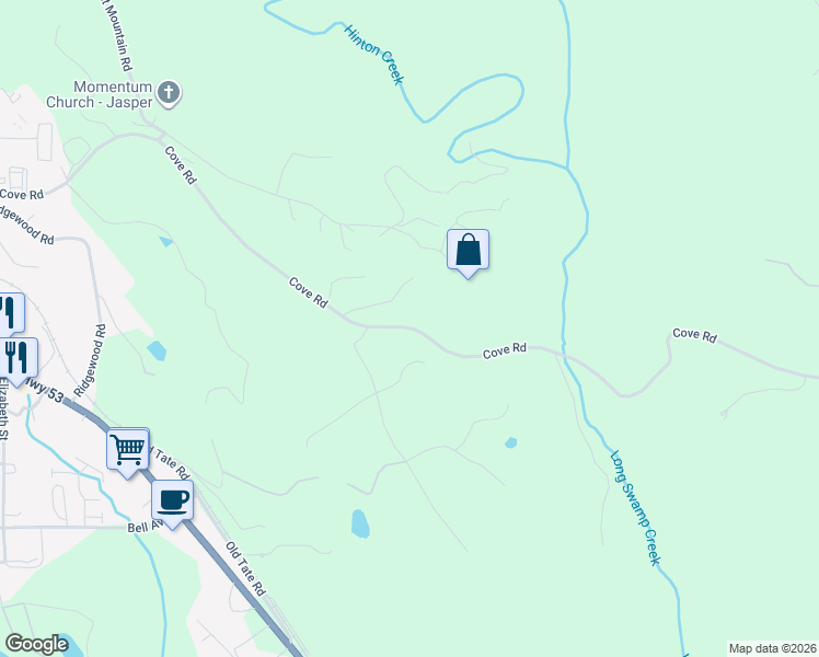 map of restaurants, bars, coffee shops, grocery stores, and more near 55 East Laurel Trce in Jasper