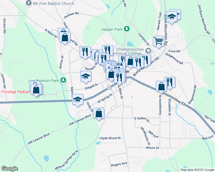 map of restaurants, bars, coffee shops, grocery stores, and more near 68 West Church Street in Jasper