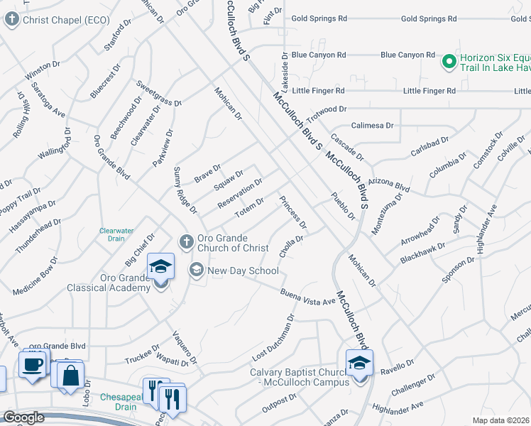 map of restaurants, bars, coffee shops, grocery stores, and more near 3765 Totem Drive in Lake Havasu City