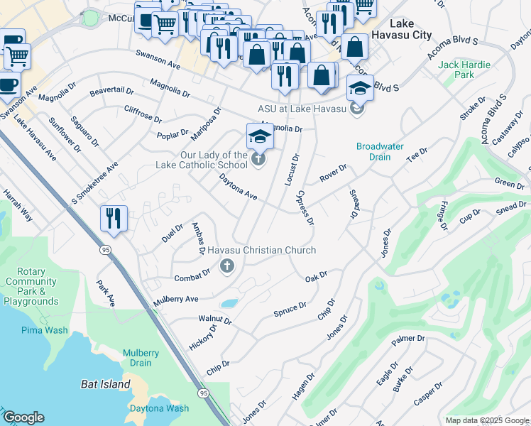 map of restaurants, bars, coffee shops, grocery stores, and more near 214 Mulberry Avenue in Lake Havasu City