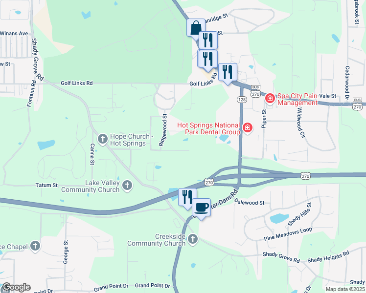 map of restaurants, bars, coffee shops, grocery stores, and more near 110 Glenridge Court in Hot Springs