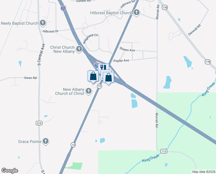 map of restaurants, bars, coffee shops, grocery stores, and more near 500 Mississippi 15 in New Albany