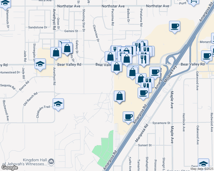 map of restaurants, bars, coffee shops, grocery stores, and more near 13921 Bear Valley Road in Victorville
