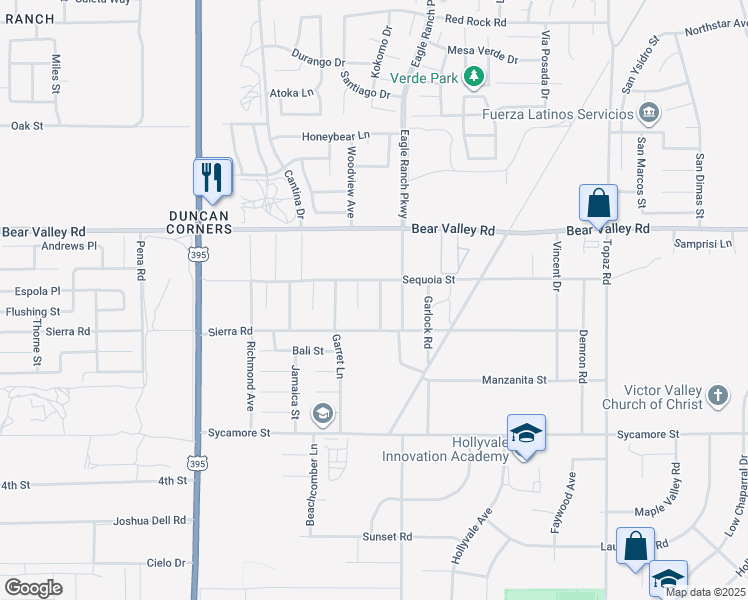 map of restaurants, bars, coffee shops, grocery stores, and more near 11968 Autumn Wind Lane in Victorville