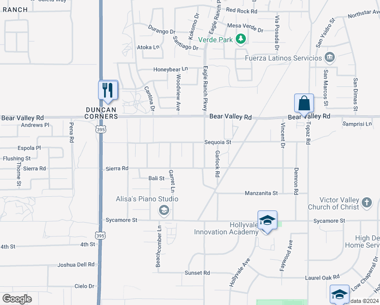 map of restaurants, bars, coffee shops, grocery stores, and more near 11968 Autumn Wind Lane in Victorville
