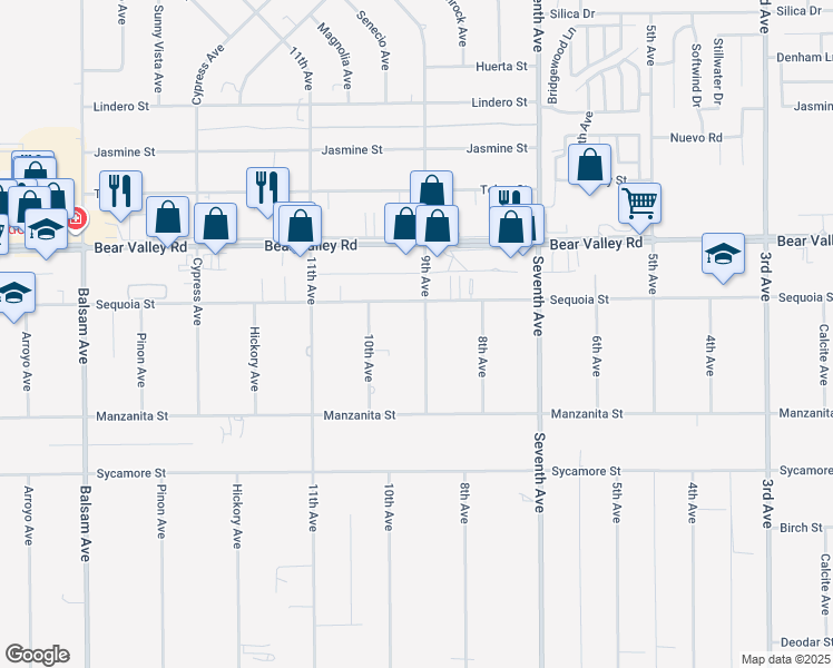 map of restaurants, bars, coffee shops, grocery stores, and more near 11946 9th Avenue in Hesperia