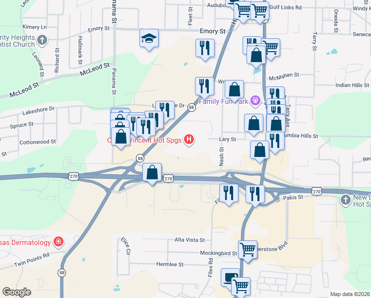 map of restaurants, bars, coffee shops, grocery stores, and more near 160 McGowan Court in Hot Springs