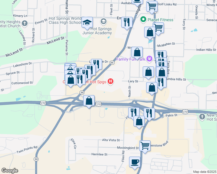 map of restaurants, bars, coffee shops, grocery stores, and more near 300 Werner Street in Hot Springs