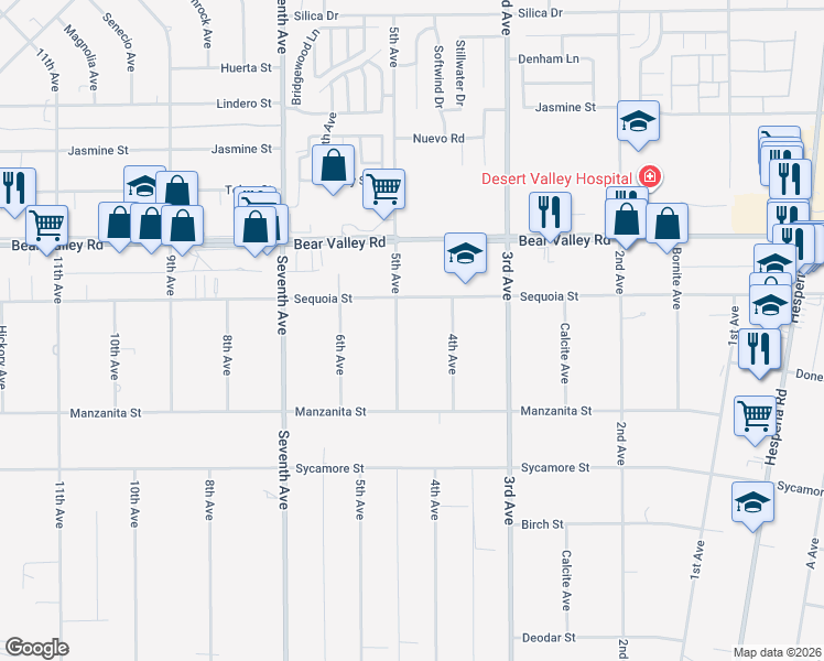 map of restaurants, bars, coffee shops, grocery stores, and more near 11977 5th Avenue in Hesperia