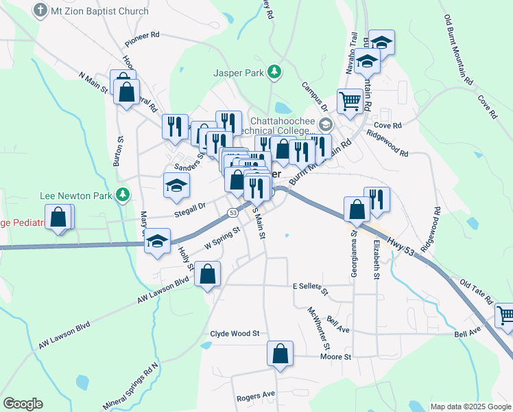map of restaurants, bars, coffee shops, grocery stores, and more near 45 East Church Street in Jasper