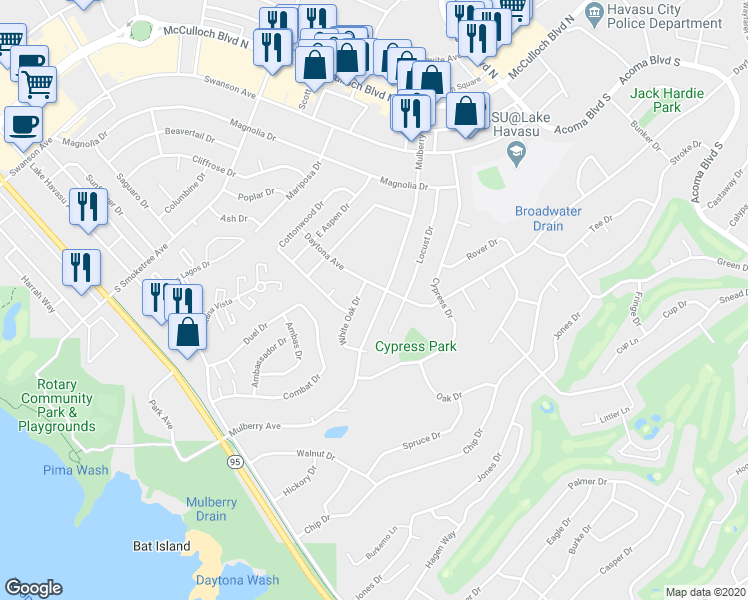 map of restaurants, bars, coffee shops, grocery stores, and more near 215 Mulberry Avenue in Lake Havasu City