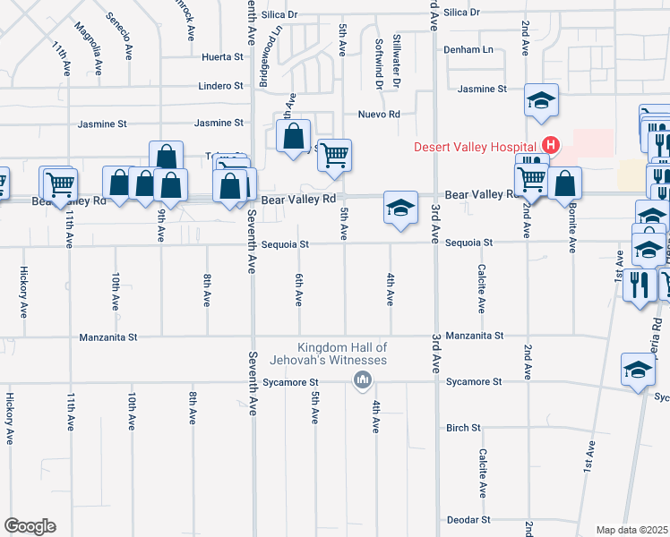 map of restaurants, bars, coffee shops, grocery stores, and more near 11958 5th Avenue in Hesperia