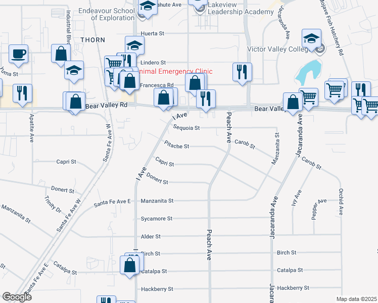 map of restaurants, bars, coffee shops, grocery stores, and more near 17896 Pitache Street in Hesperia