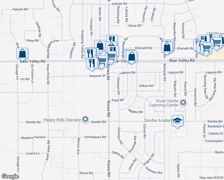 map of restaurants, bars, coffee shops, grocery stores, and more near 11934 Chimayo Road in Apple Valley