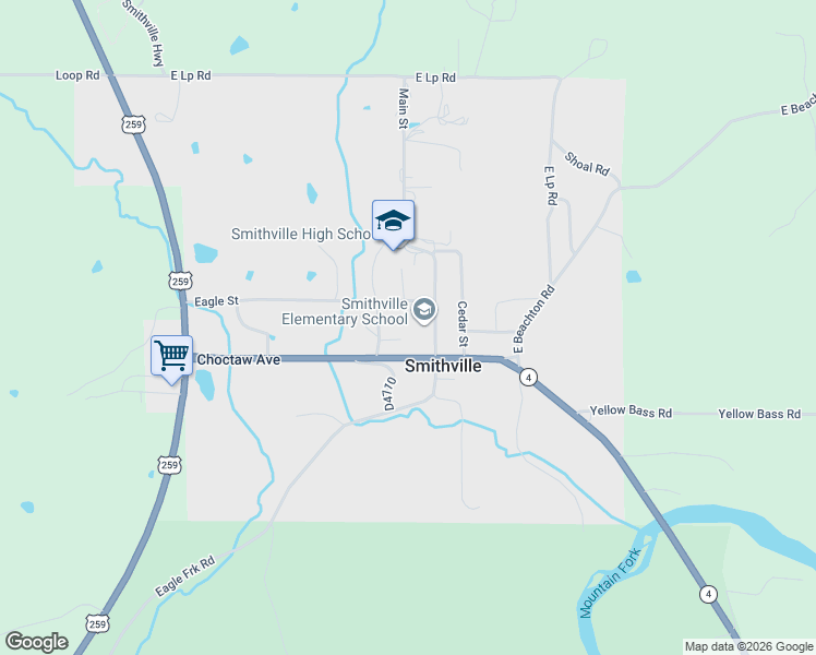 map of restaurants, bars, coffee shops, grocery stores, and more near Eagle Street in Smithville