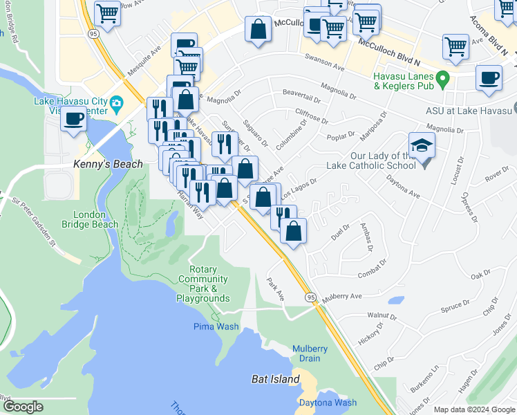 map of restaurants, bars, coffee shops, grocery stores, and more near 291 Lake Havasu Avenue in Lake Havasu City