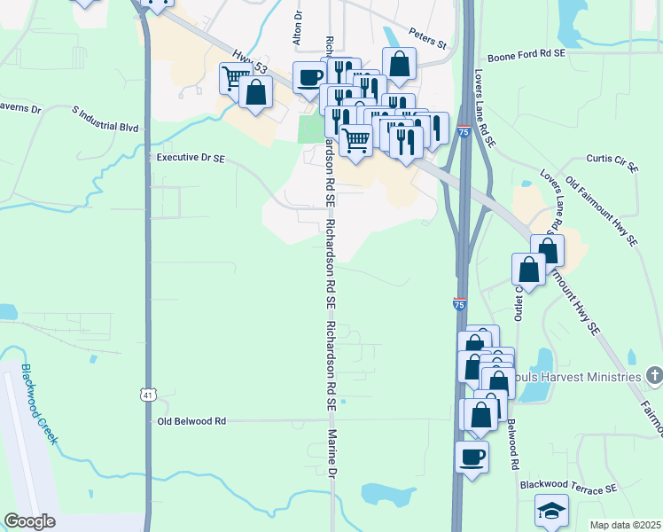 map of restaurants, bars, coffee shops, grocery stores, and more near Richardson Road Southeast in Calhoun