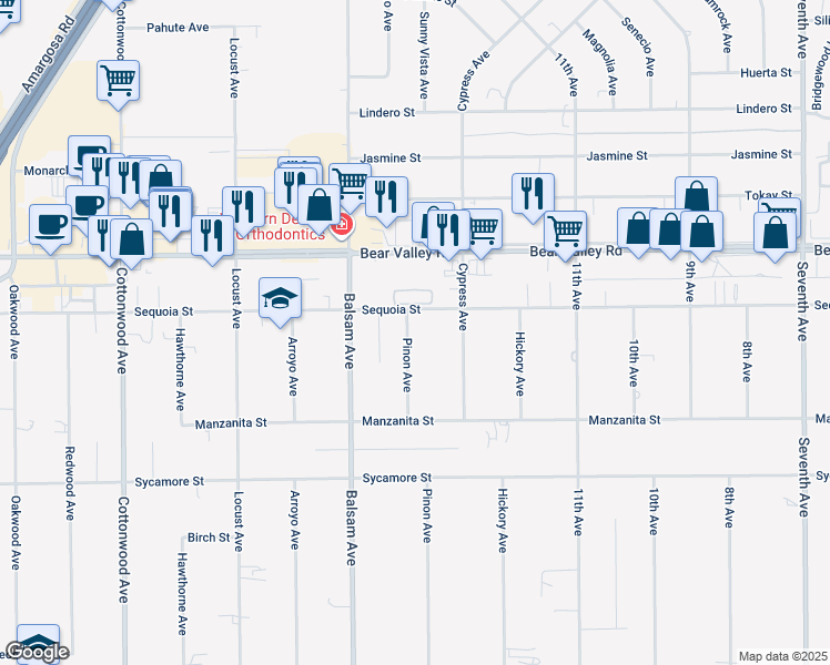 map of restaurants, bars, coffee shops, grocery stores, and more near 11969 Pinon Avenue in Hesperia