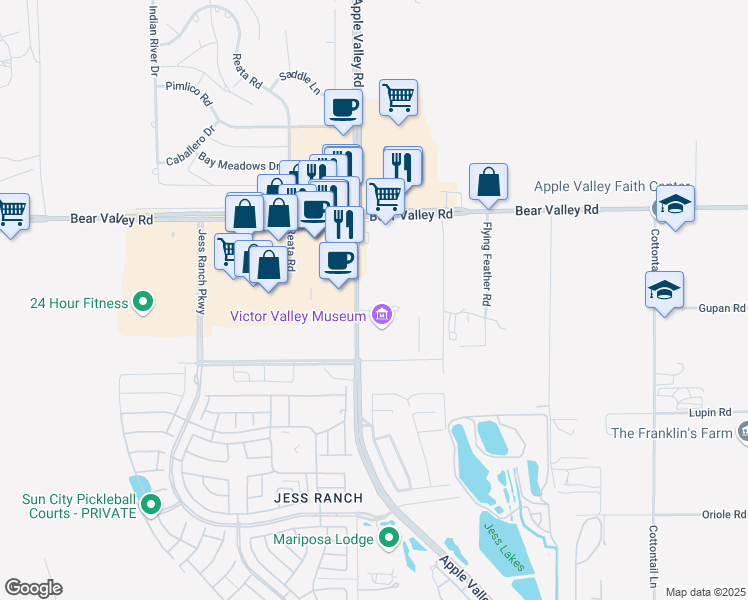 map of restaurants, bars, coffee shops, grocery stores, and more near 11959 Apple Valley Road in Apple Valley