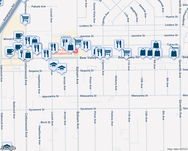map of restaurants, bars, coffee shops, grocery stores, and more near 11969 Pinon Avenue in Hesperia