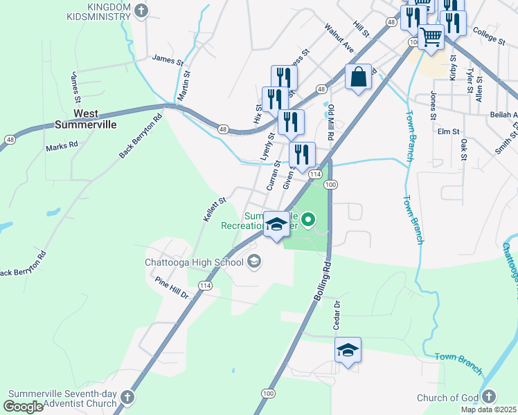 map of restaurants, bars, coffee shops, grocery stores, and more near 92 Turner Street in Summerville