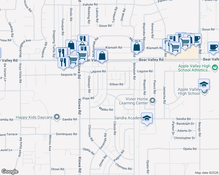 map of restaurants, bars, coffee shops, grocery stores, and more near 11930 Pecos Road in Apple Valley