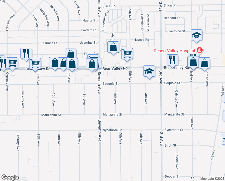 map of restaurants, bars, coffee shops, grocery stores, and more near 11958 6th Avenue in Hesperia