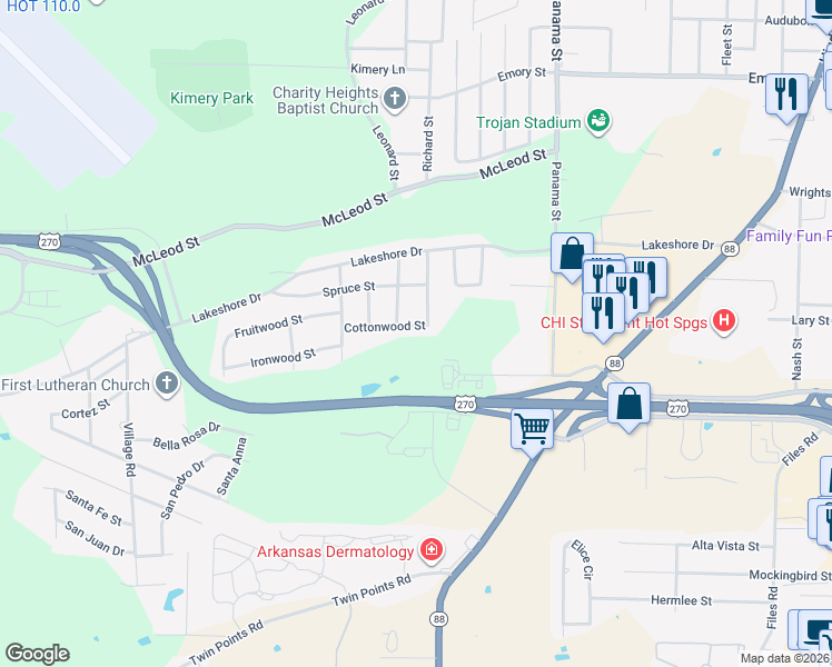 map of restaurants, bars, coffee shops, grocery stores, and more near 400 Cottonwood Street in Hot Springs