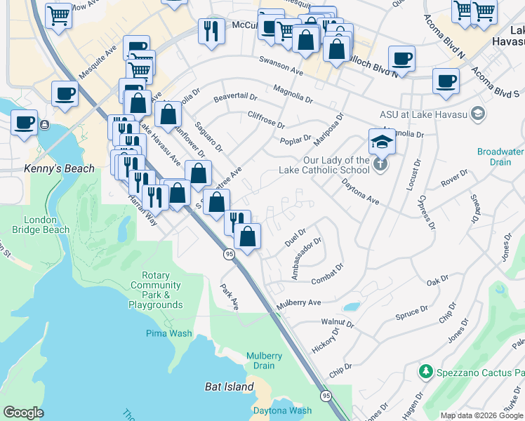 map of restaurants, bars, coffee shops, grocery stores, and more near 1807 Montana Vista in Lake Havasu City