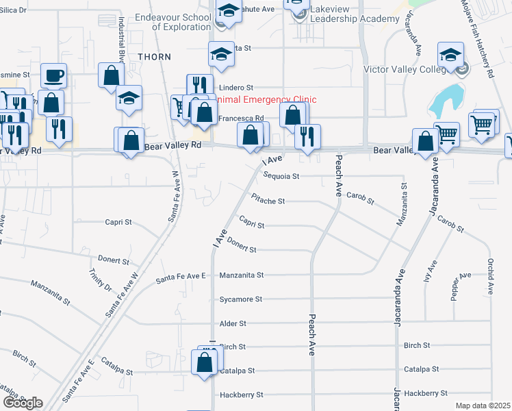 map of restaurants, bars, coffee shops, grocery stores, and more near 17831 Pitache Street in Hesperia