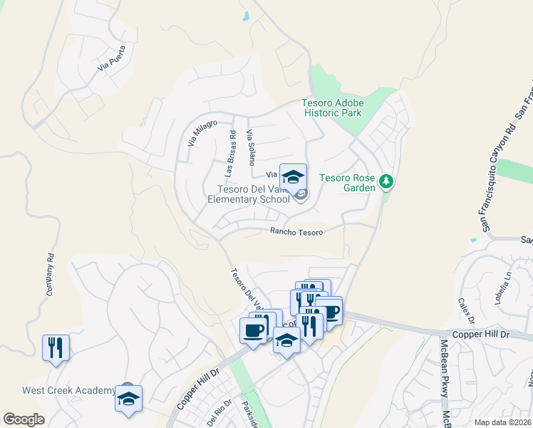 map of restaurants, bars, coffee shops, grocery stores, and more near 24045 Joshua Drive in Santa Clarita