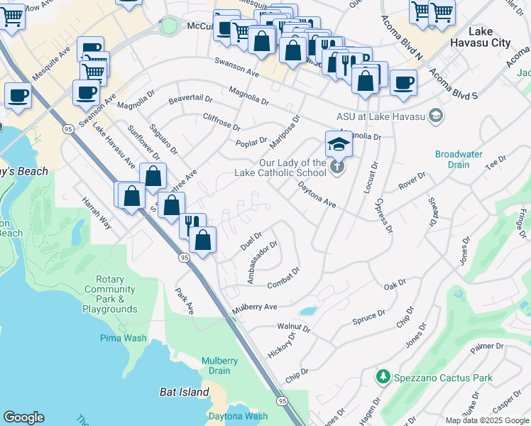 map of restaurants, bars, coffee shops, grocery stores, and more near 1928 Montana Vista in Lake Havasu City